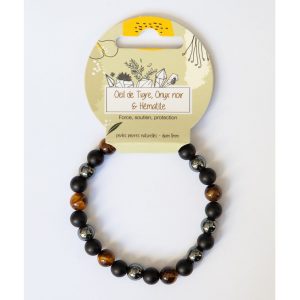 Bracelet Oeil de tigre, onyx noir finition mate et hématite 8mm