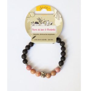Bracelet Pierre de lave, Rhodonite, perles métalliques 8 mm